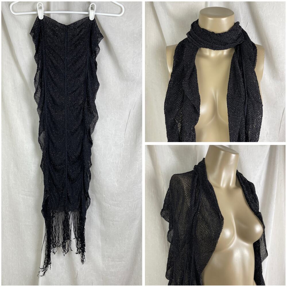 🚫SOLD🚫 Cejon Black Silver Fringe Scarf Sheer Ruffle Net Mesh Wrap Shawl Dark